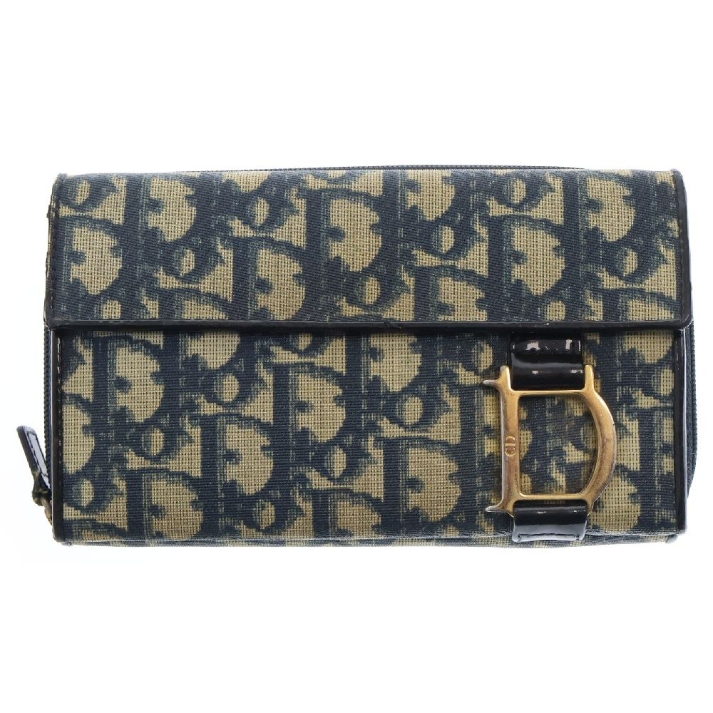 Christian Dior (クリスチャンディオール) トロッター柄 ラウンドジップ ロングウォレット 長財布 ネイビー