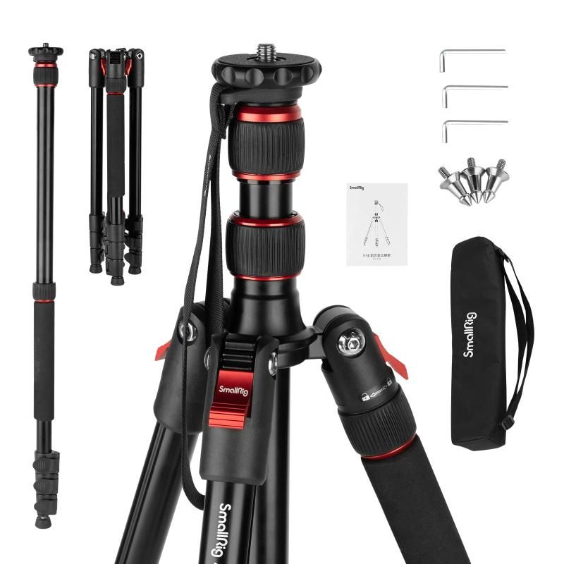SmallRig カメラ三脚170cm コンパクト三脚4段調整 三脚アルミ製 1|4-quot-と3|8-quot-ネジ付き 耐荷重15kg 中心軸反転 一脚可変式 マジックアーム スマホ モニターに