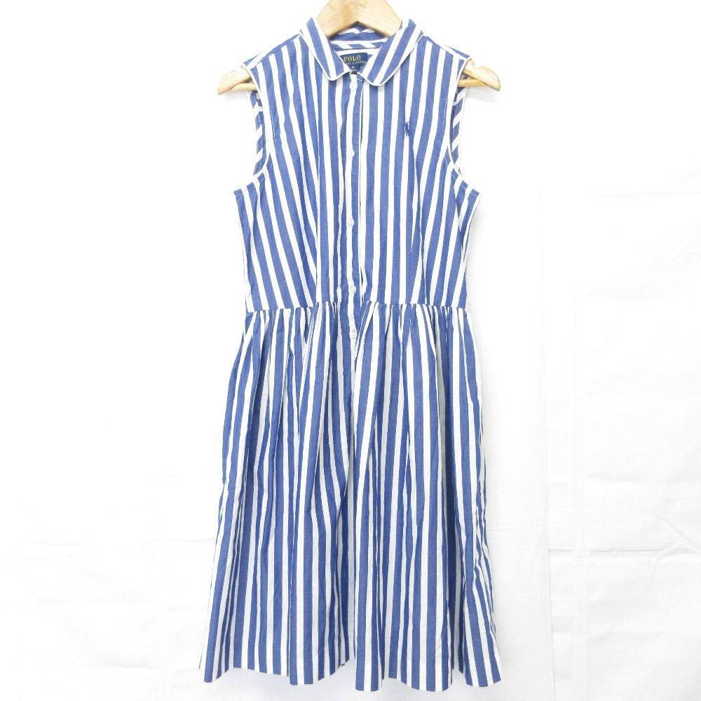 POLO RALPH LAUREN ポロラルフローレン ストライプ ノースリーブ シャツワンピース サイズ16 ブルー キッズ 古着