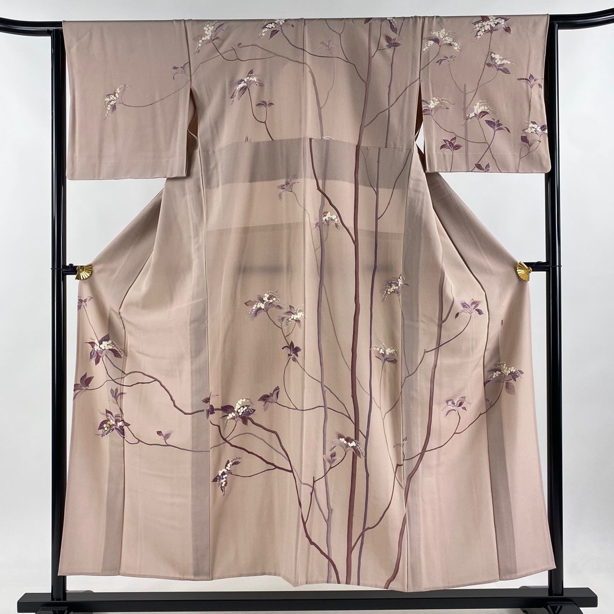 訪問着 身丈152cm 裄丈64.5cm M 単衣 由水十久 落款 枝花 薄小豆 正絹  