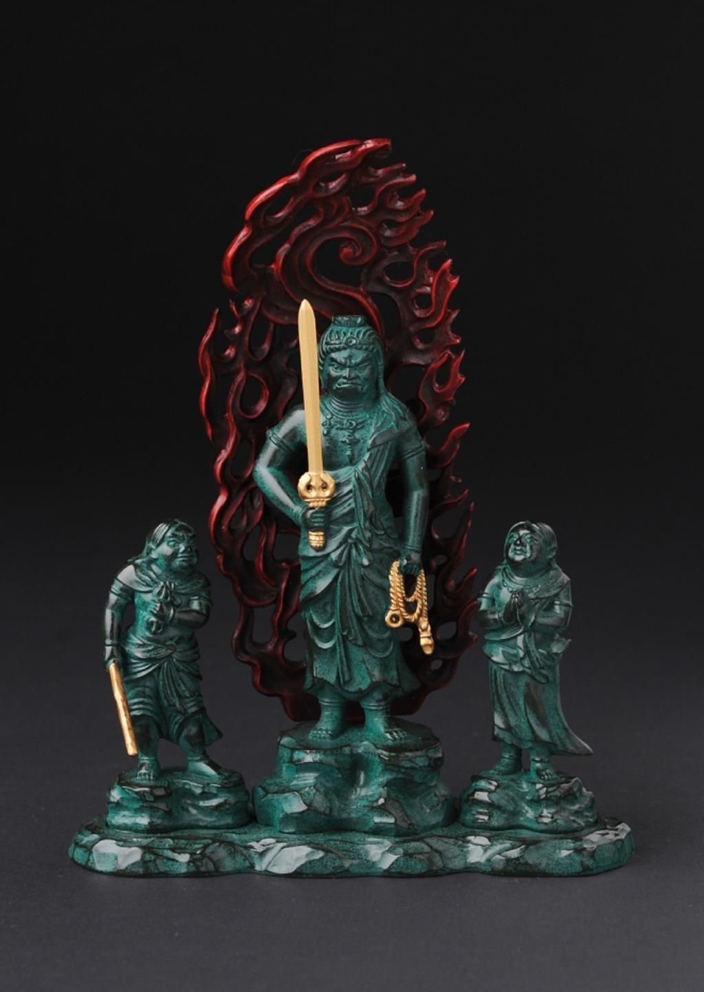 童子不動明王 - 総高16cm 青銅彩色 高岡銅器 仏像