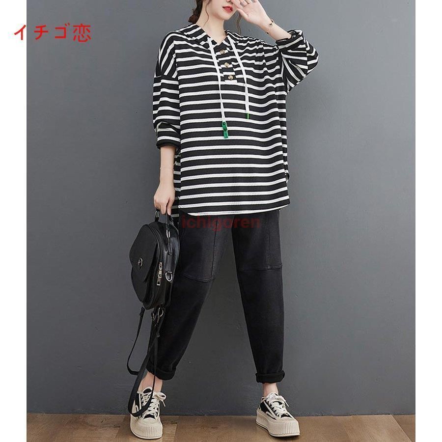 Tシャツ Tシャツ 長袖 ボーダー柄 ひも付き フードづき 大きいサイズ ブラウス ボタン留め トップス 体型カバー Tシャツ tシャツ 長袖 ボーダー柄 ひも付き フードづき トップス
