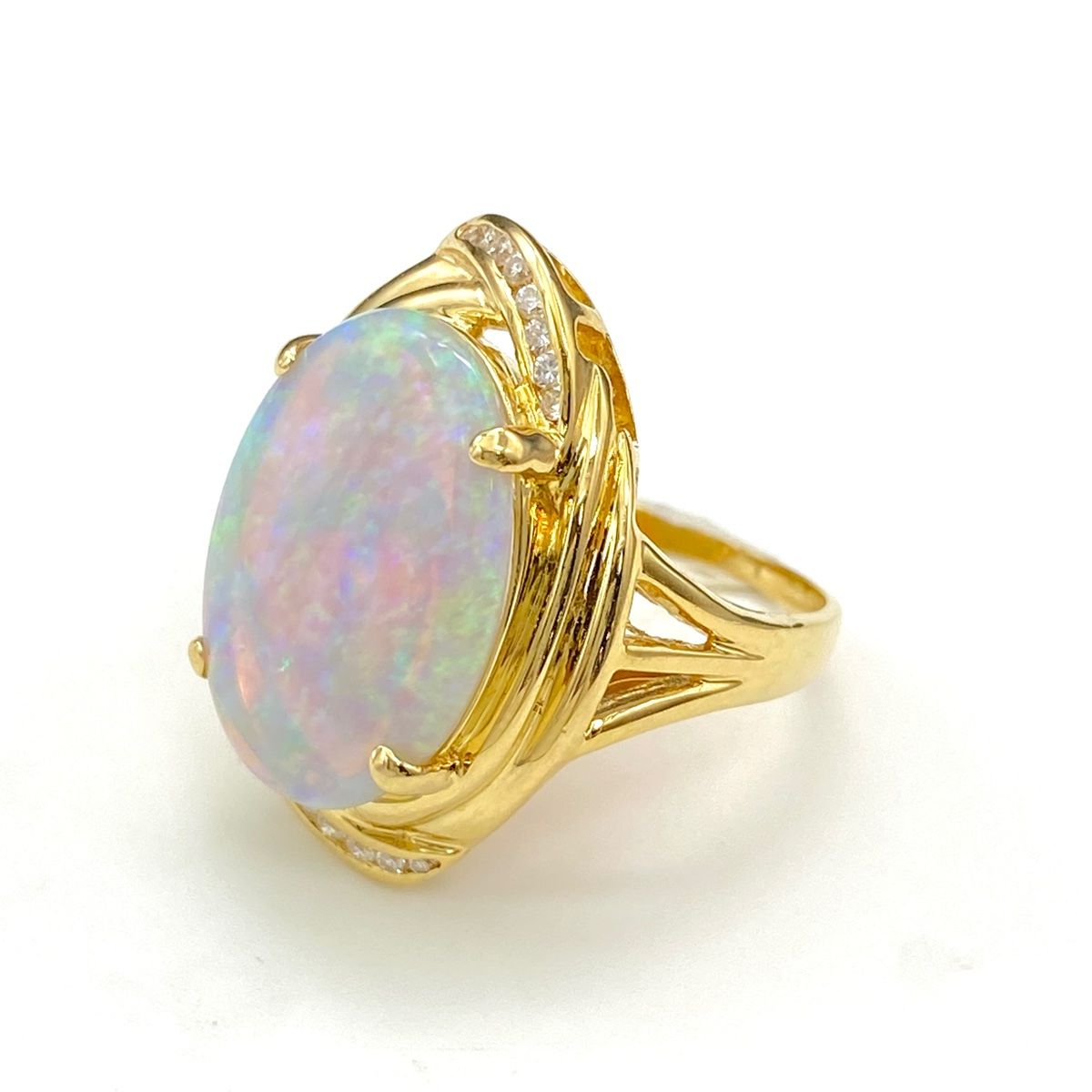 オパール デザインリング YG イエローゴールド メレダイヤ 指輪 リング 10号 K18 オパール ダイヤモンド レディース