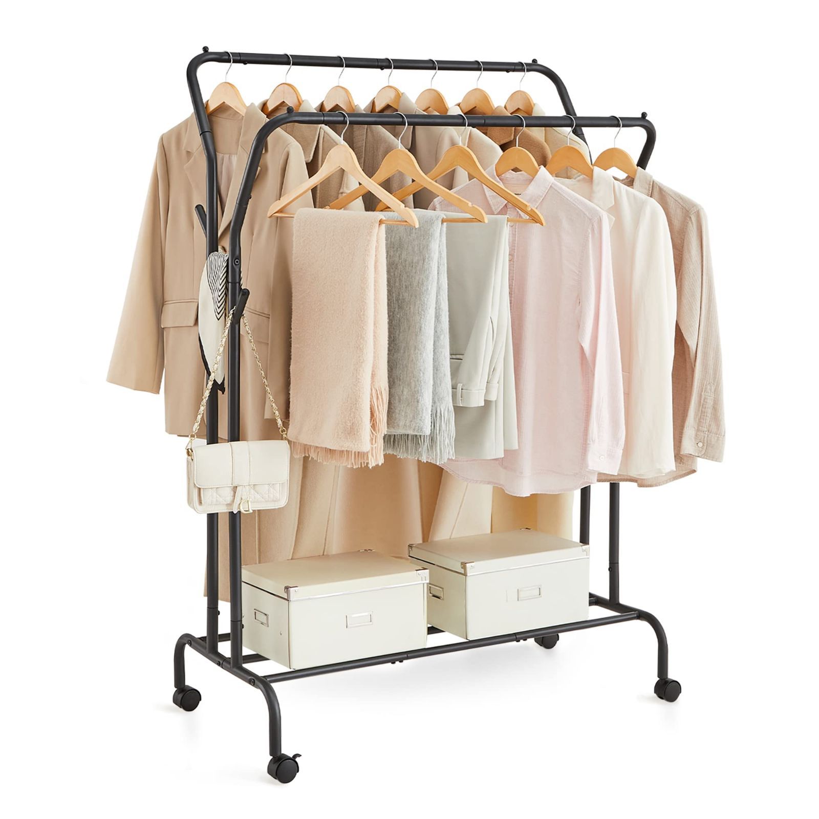 ブラック_前後2段式 SONGMICS ハンガーラック 2段 頑丈 衣装ラック 洋服 コード掛けパイプハンガー 棚 キャスター付き 幅103.5cm 衣類収納 安定性 移動しやすい ちょうどいいサイズ 室内物干し ブラック HSR107B01V1