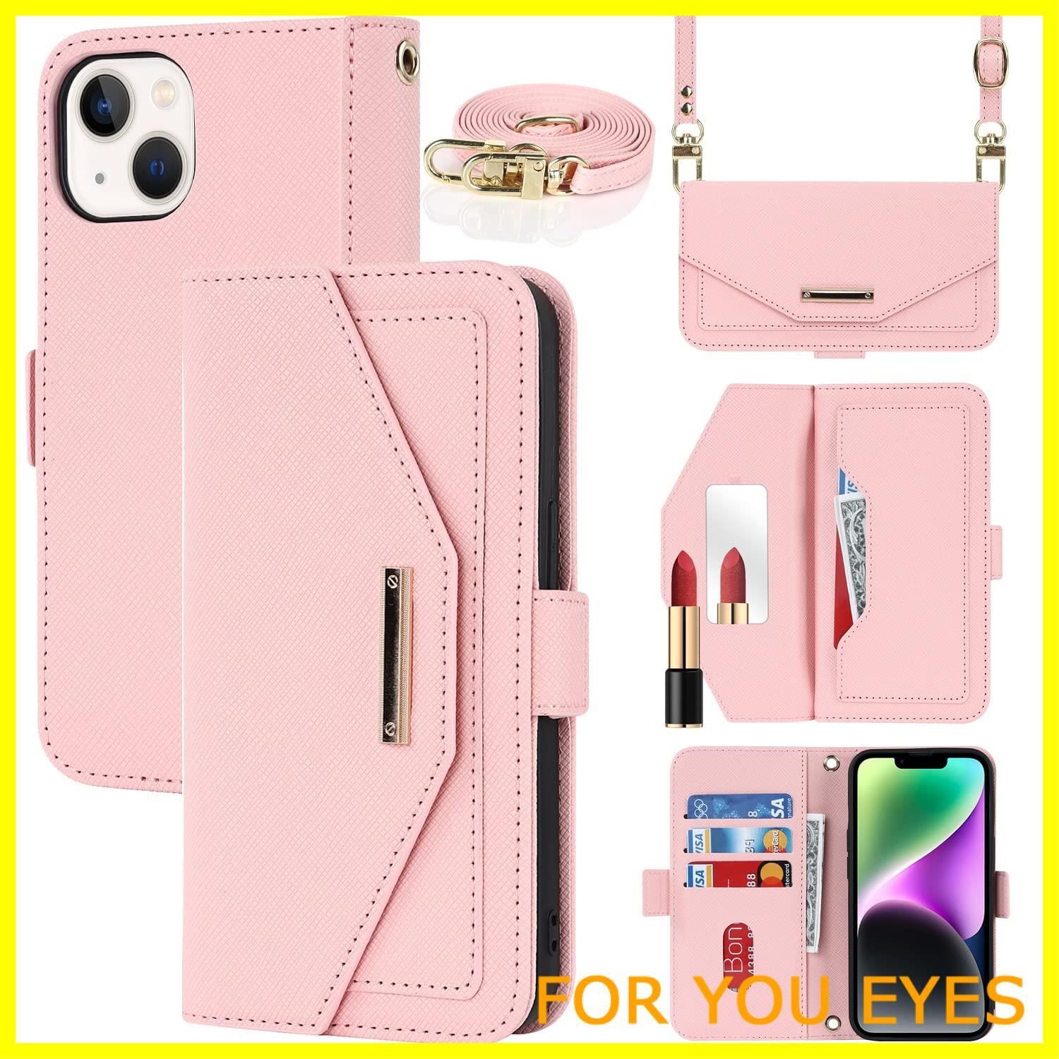 DEMIIU ピンクレザー iPhone15ケース カードポケット付き 特価商品】【Hamany】 対応 iphone15 ケース カード収納 ショルダー 鏡