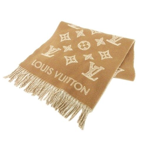 ルイヴィトン LOUIS VUITTON モノグラム シャドウ マフラー M79187 カシミヤブレンド ストール 英国製 ブラウン ベージュ AA