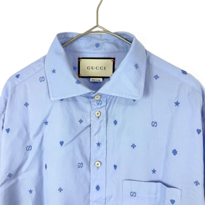 Gucci ロゴ入り 半袖シャツ 水色/ホワイト グッチ GUCCI シャツ GGロゴ 星 ハート クローバー柄 コットン