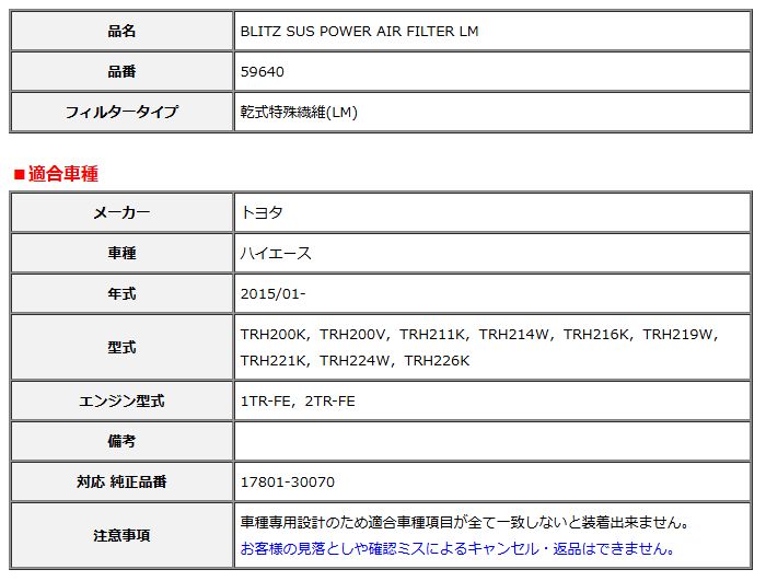 BLITZ ブリッツ サスパワー エアフィルター LM 純正交換タイプ ハイエース TRH200K TRH200V TRH211K TRH214W TRH216K 2015 01- 59640