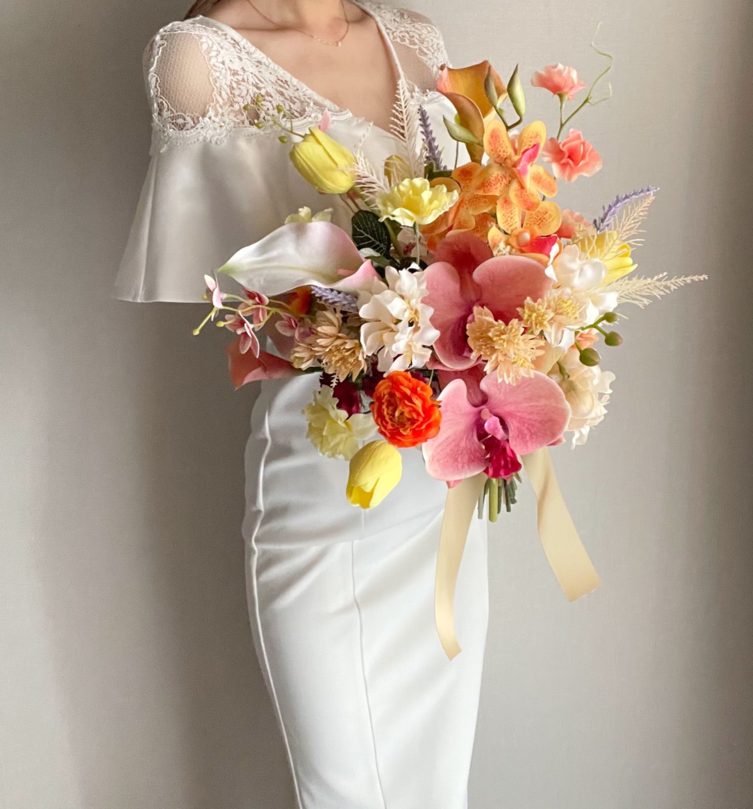 ウェディング　ブーケ　イエロー　カラフル カラフルブーケ ウェディングブーケ ブートニアセット ブーケ