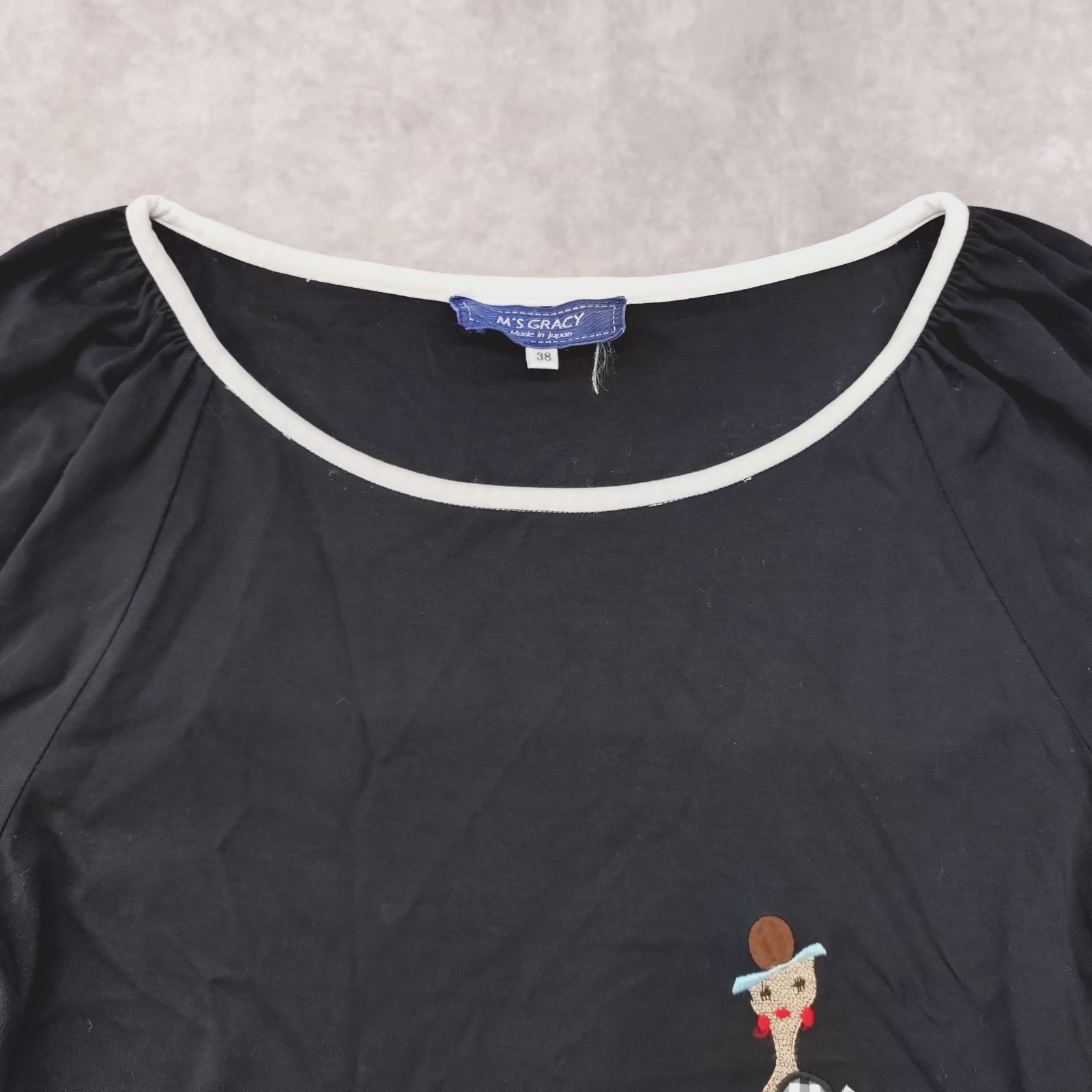 Ms Gracy 黒 半袖Tシャツ リボン付き M'S GRACY 38 サイズ カットソー Tシャツ リボン 刺繍 チュール