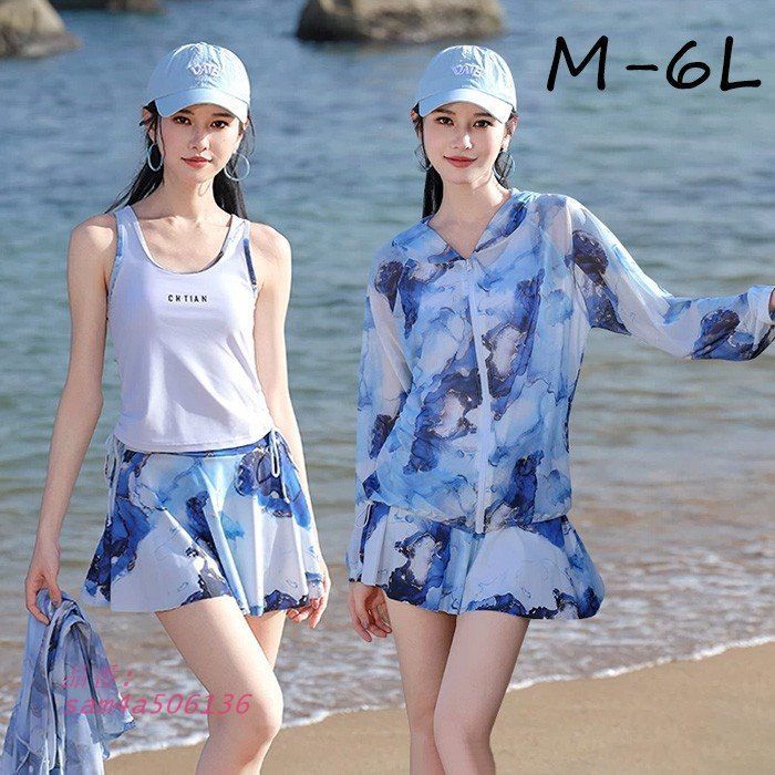 水着 タンキニ レディース 体型カバー M L 3L 半袖 ママ水着 4L ラッシュガード 2L セパレート オトナ女子 ノンワイヤー 6L 大きいサイズ ブルー 3点セット 5L am4a506136