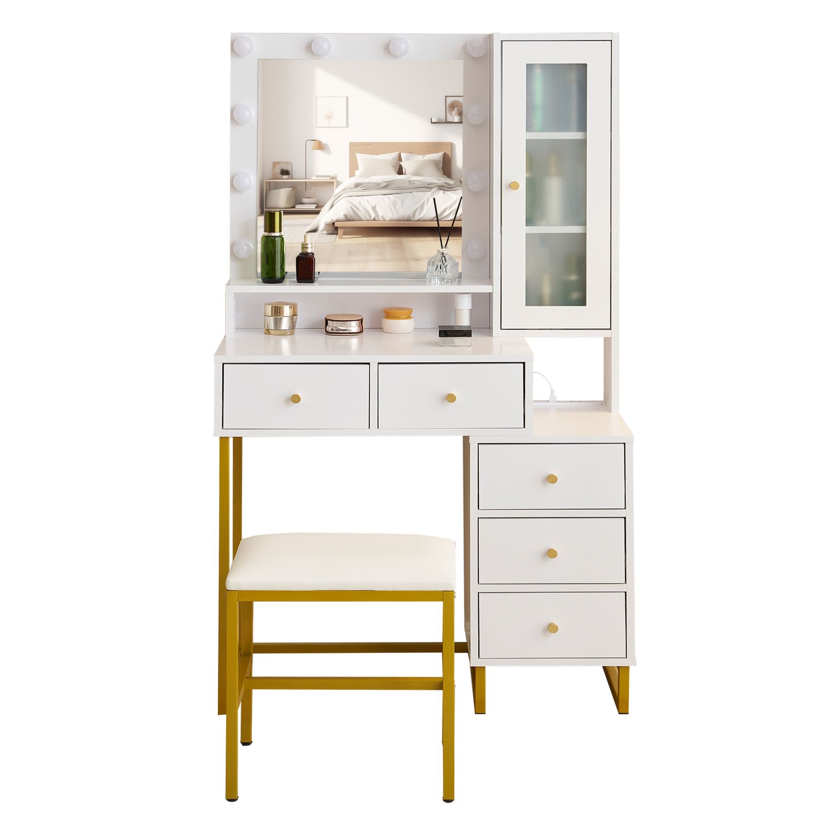 ドレッサー 化粧台 テーブル 鏡台 ライト付き コンセント付き 3色LED 女優ミラー 引き出し 収納 椅子 セット サイド収納 メイク台 シンプル 大容量