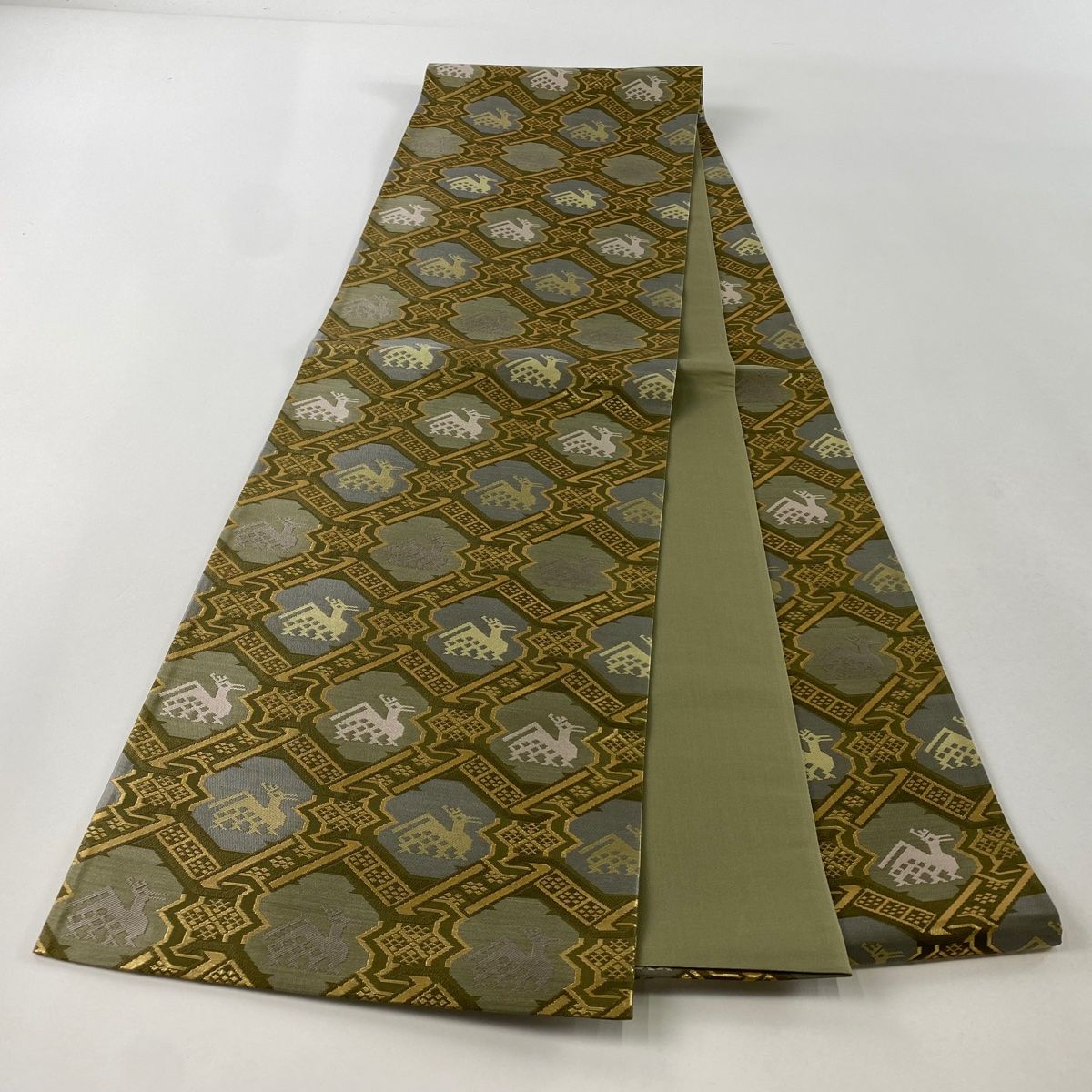 袋帯 美品 逸品 チャンカイ麗飾文 金糸 箔 灰緑 六通 正絹 中古