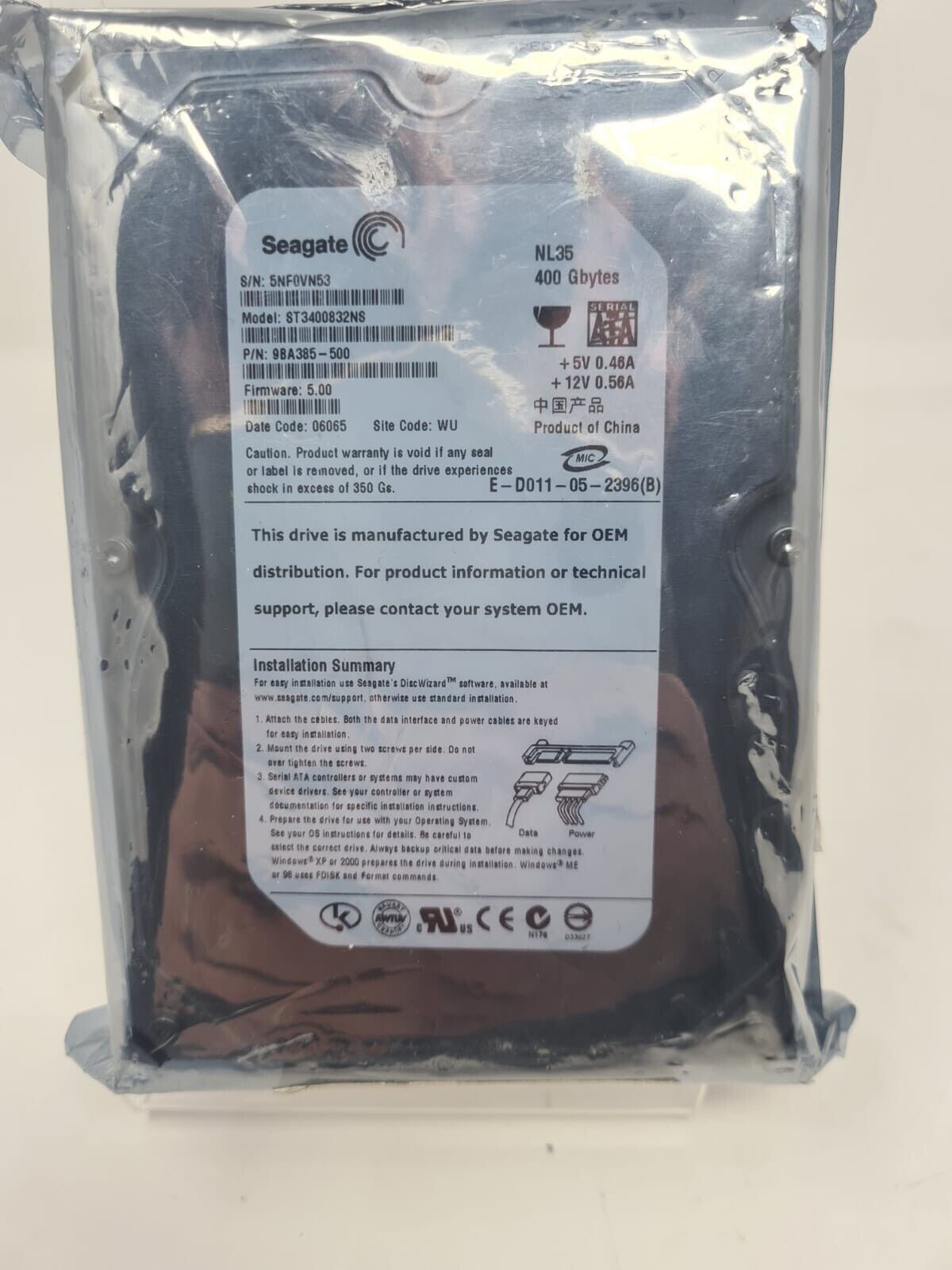 Seagate ST3400832NS 3.5 HDD SATA ハードドライブ 7200 400GB 8MB キャッシュ 1.5Gb|s