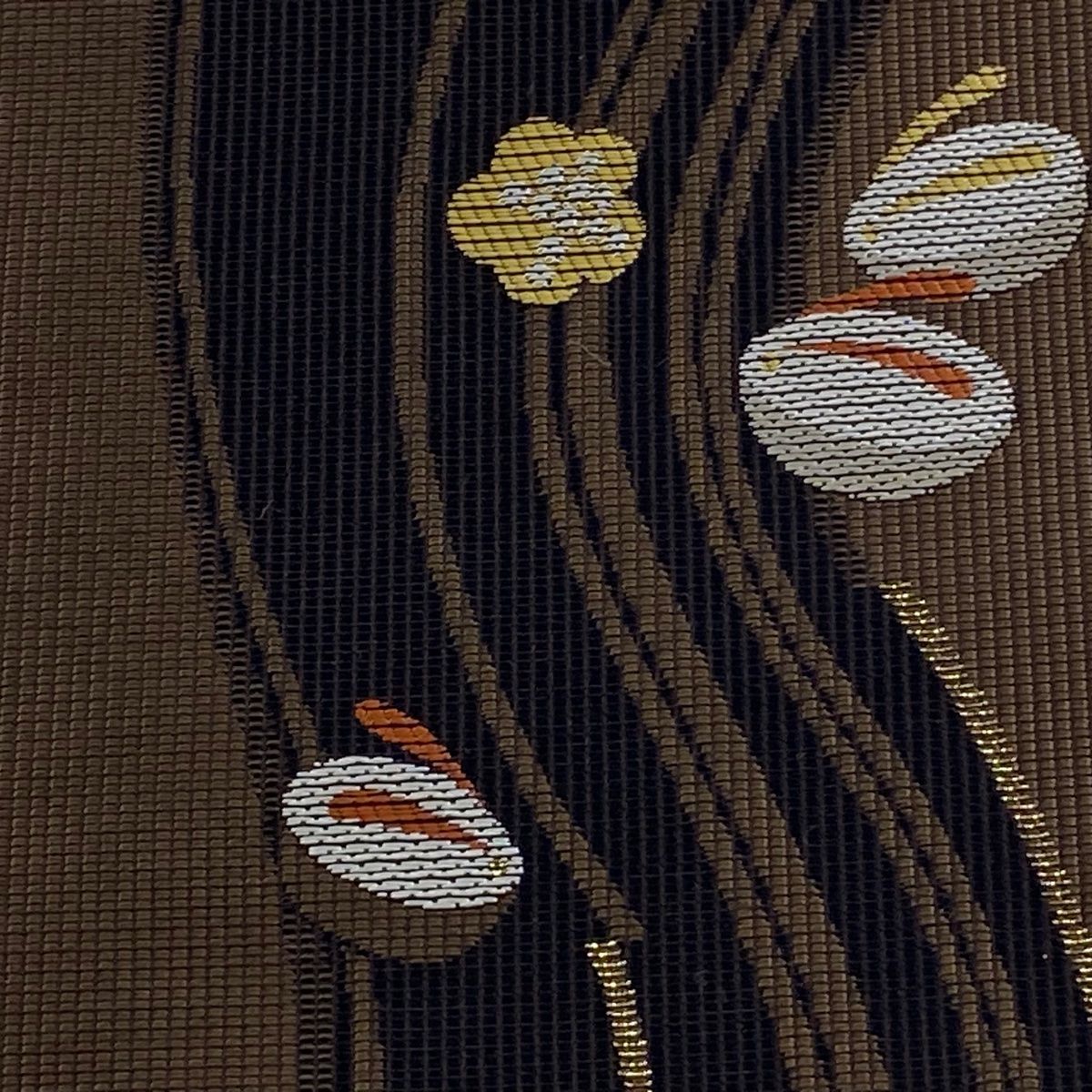 半幅帯 名品 博多織 証紙有 うさぎ 梅 箔 焦茶色 正絹