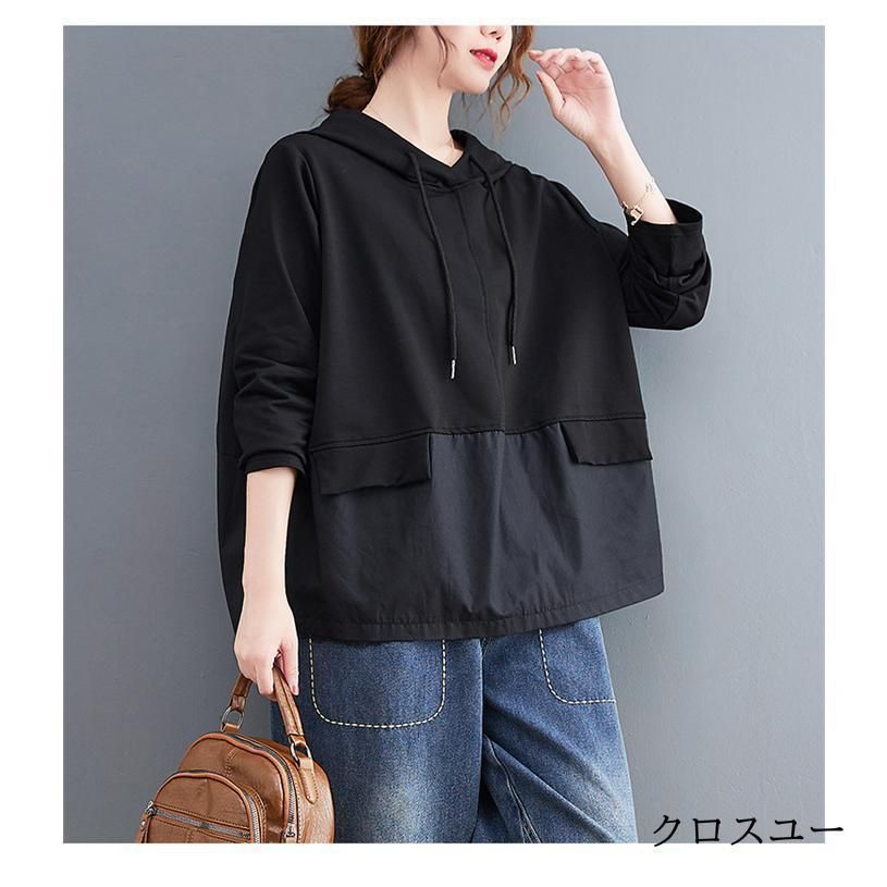 パーカー Tシャツ レディース ブラウス 春秋 フード付き 長袖