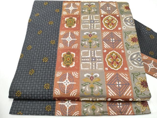 平和屋着物●九寸名古屋帯　唐織　市松吉祥文　遠州七宝　正絹　逸品　CAAY9799hy 平和屋着物○九寸名古屋帯 唐織 市松吉祥文 遠州七宝 正絹 逸品