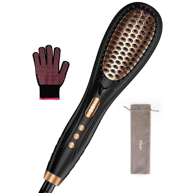 Mikomi ストレートブラシ 16段階の温度調節 ストレート 高濃度マイナスイオン 海外対応 ラ急速加熱 シアイロン ヒートブラシ 火傷防止 80℃～230℃ 軽量 1時間自動電源オフ ボタン自動ロック機能搭載 収納袋付き