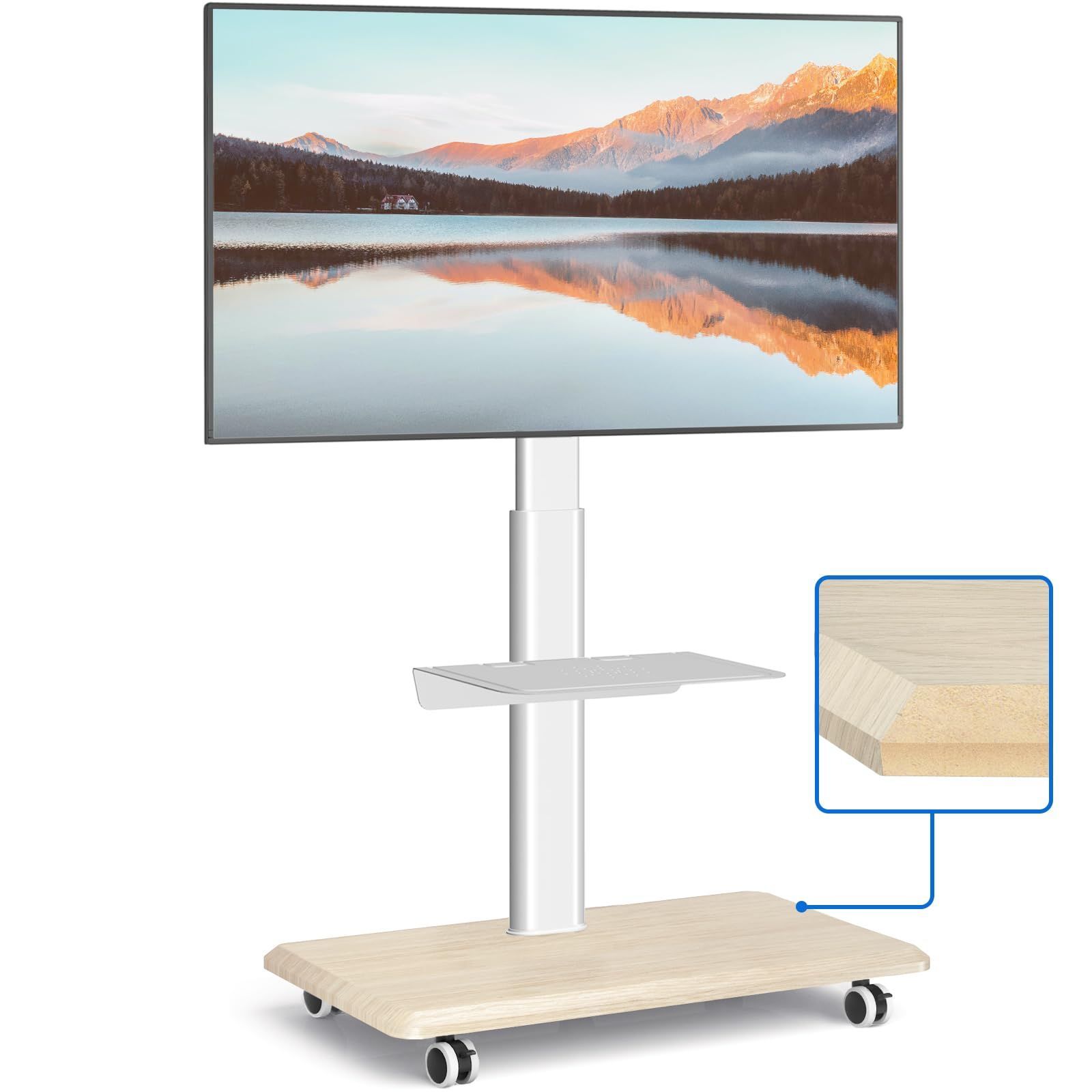 木製ベース 高さ調整 ラック回転 耐荷重40kg 移動式 VESA400x400まで テレビ台 27～65インチ対応 業務用 tvスタンド 展示用 キャスター付き 壁寄せテレビスタンド 家用 テレビスタンド白 ホワイト Rfiver