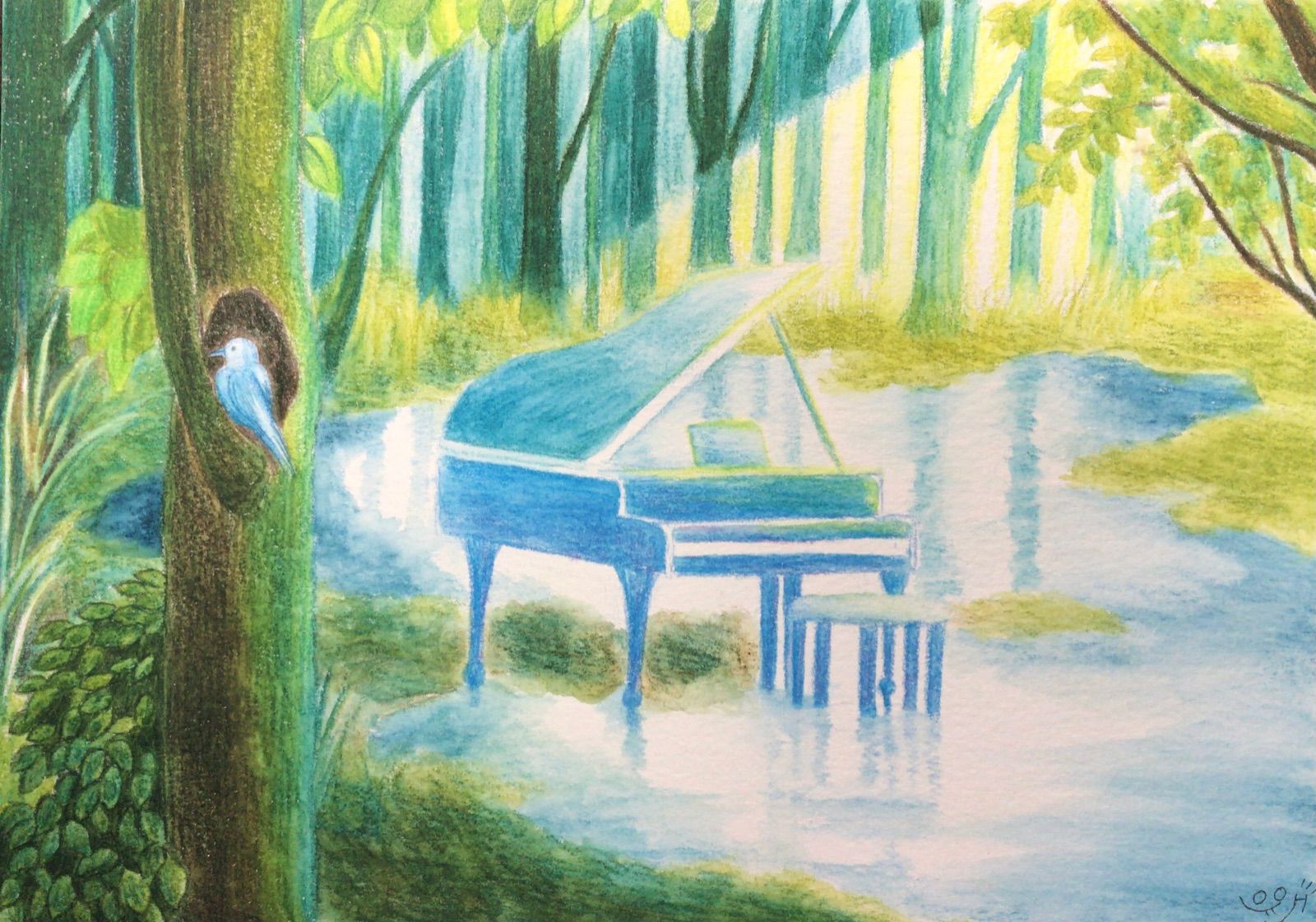 創作画　絵画　原画　絵　色鉛筆　水彩　ピアノ　自然　小鳥