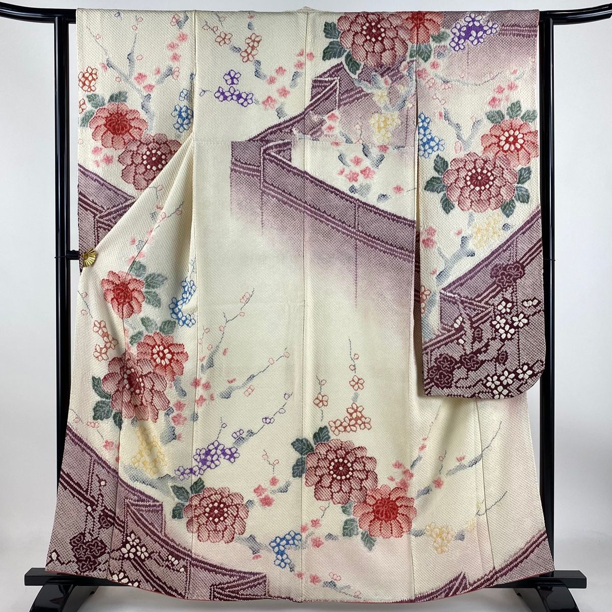 振袖 身丈160cm 裄丈62.5cm S 袷 菊 花 総絞り クリーム 正絹 名品