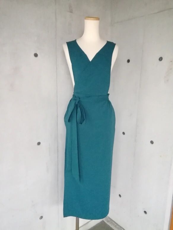 7 L 10 梨地ストレッチ ピーコックグリーン 茶道お稽古用エプロンウエストリボン127100 72 3