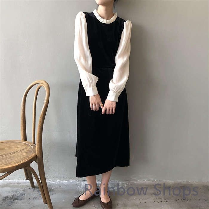 ♥ ワンピース 長袖 レディース 春 秋 ベロア シフォン 切り替え ワンピース ロング丈 大人可愛い カジュアル ロング丈 ワンピース 大きいサイズ 体型カバー きれいめ 着痩せ シンプル