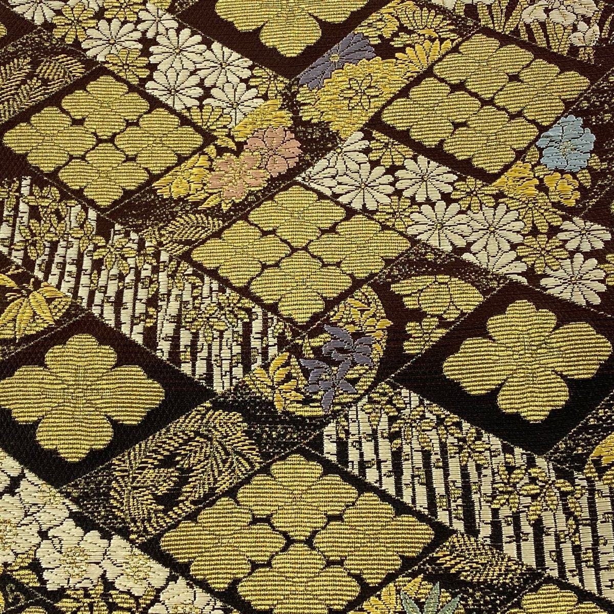 袋帯 美品 逸品 金華山織双図全通 手先二通り 菱 草花 金糸 えんじ色 ...