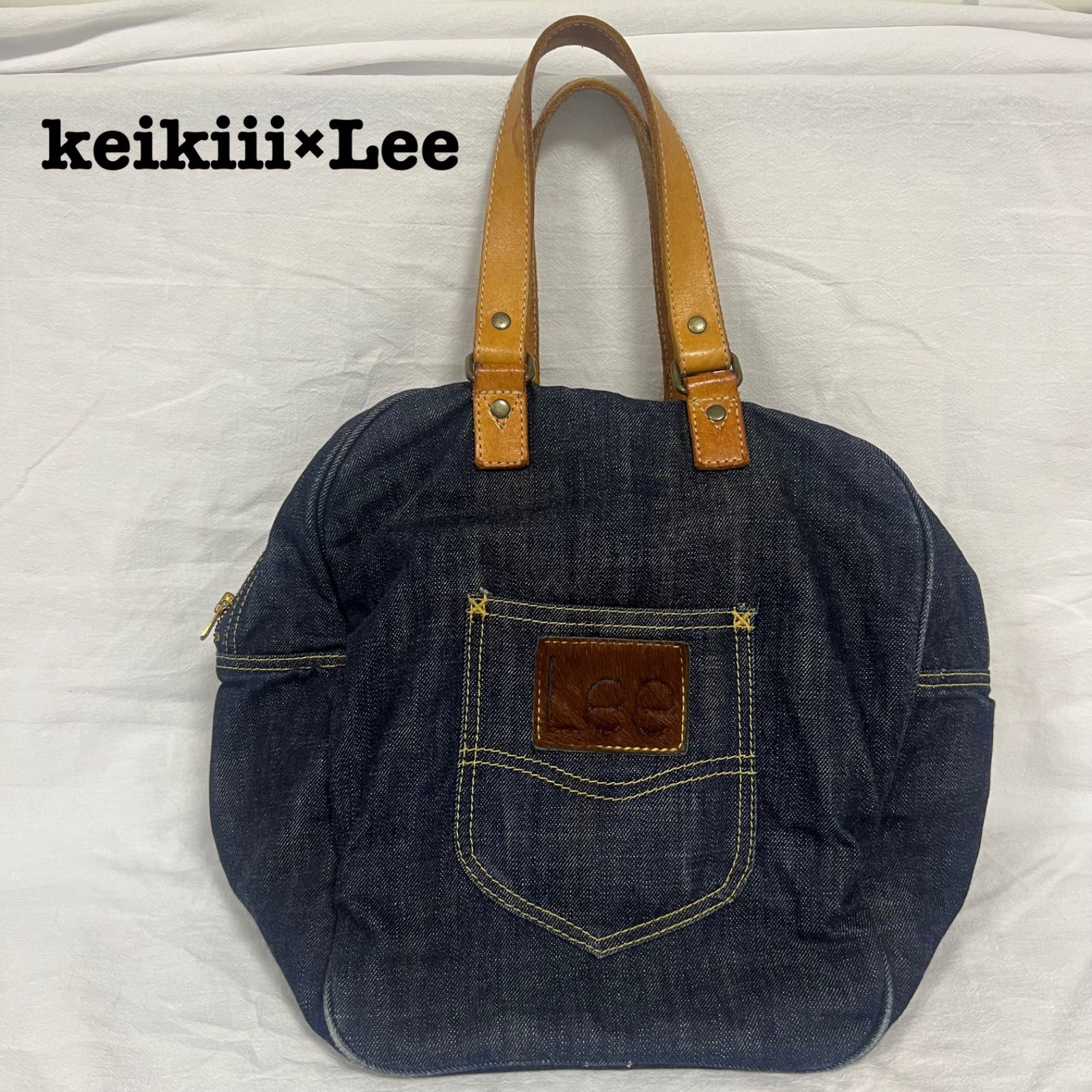 keikiii×Lee デニム ビンテージ 本革 レザー ハンドバッグ ボーリングバッグ トートバッグ