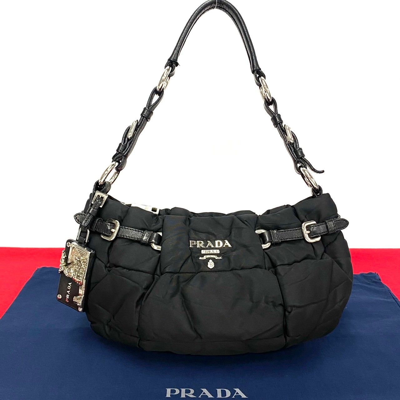 極 美品 希少品 PRADA プラダ ロゴ 金具 ナイロン レザー 本革 ベルト 