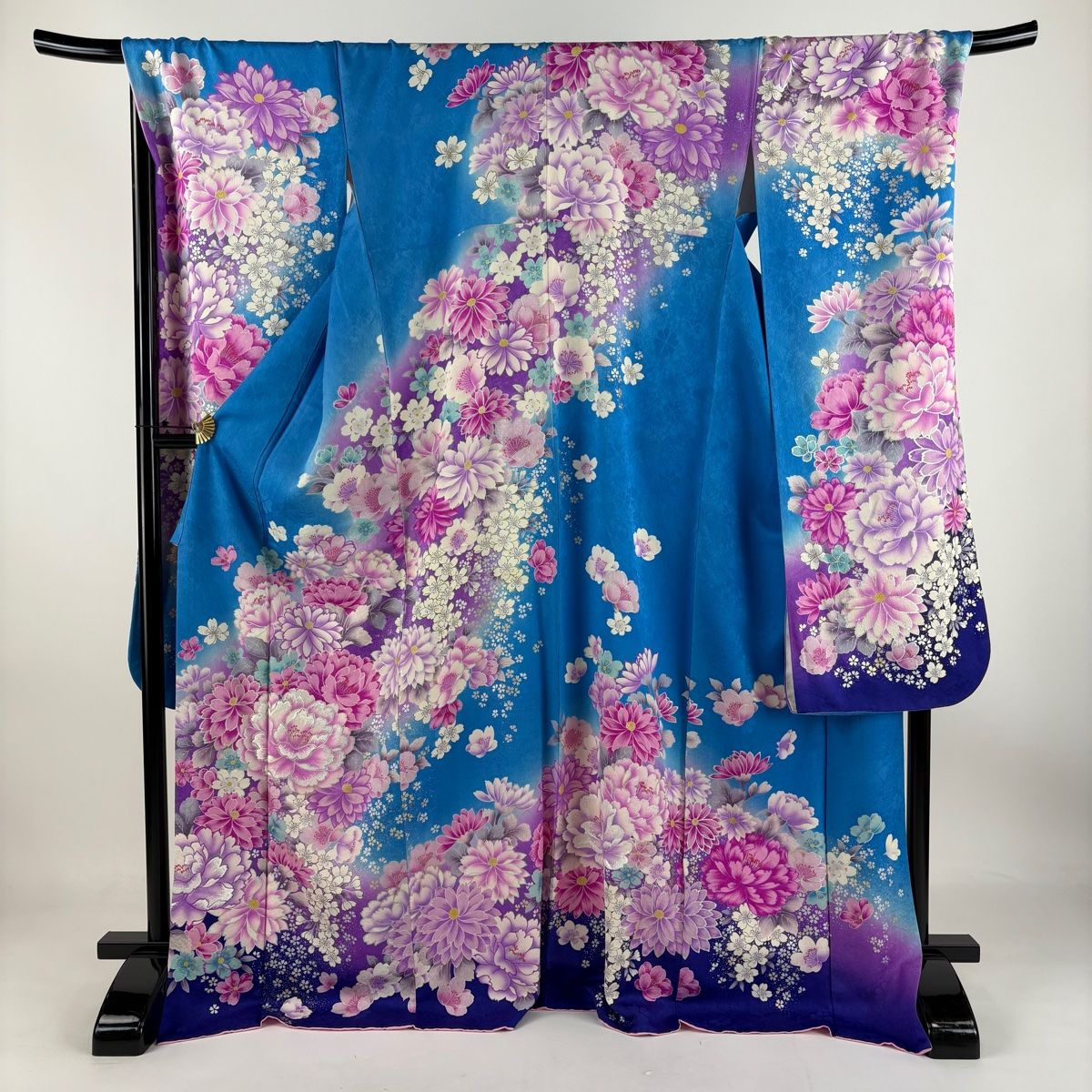 振袖 身丈174cm 裄丈71.5cm L 袷 牡丹 桜 金銀彩 刺繍 水色 正絹 名品