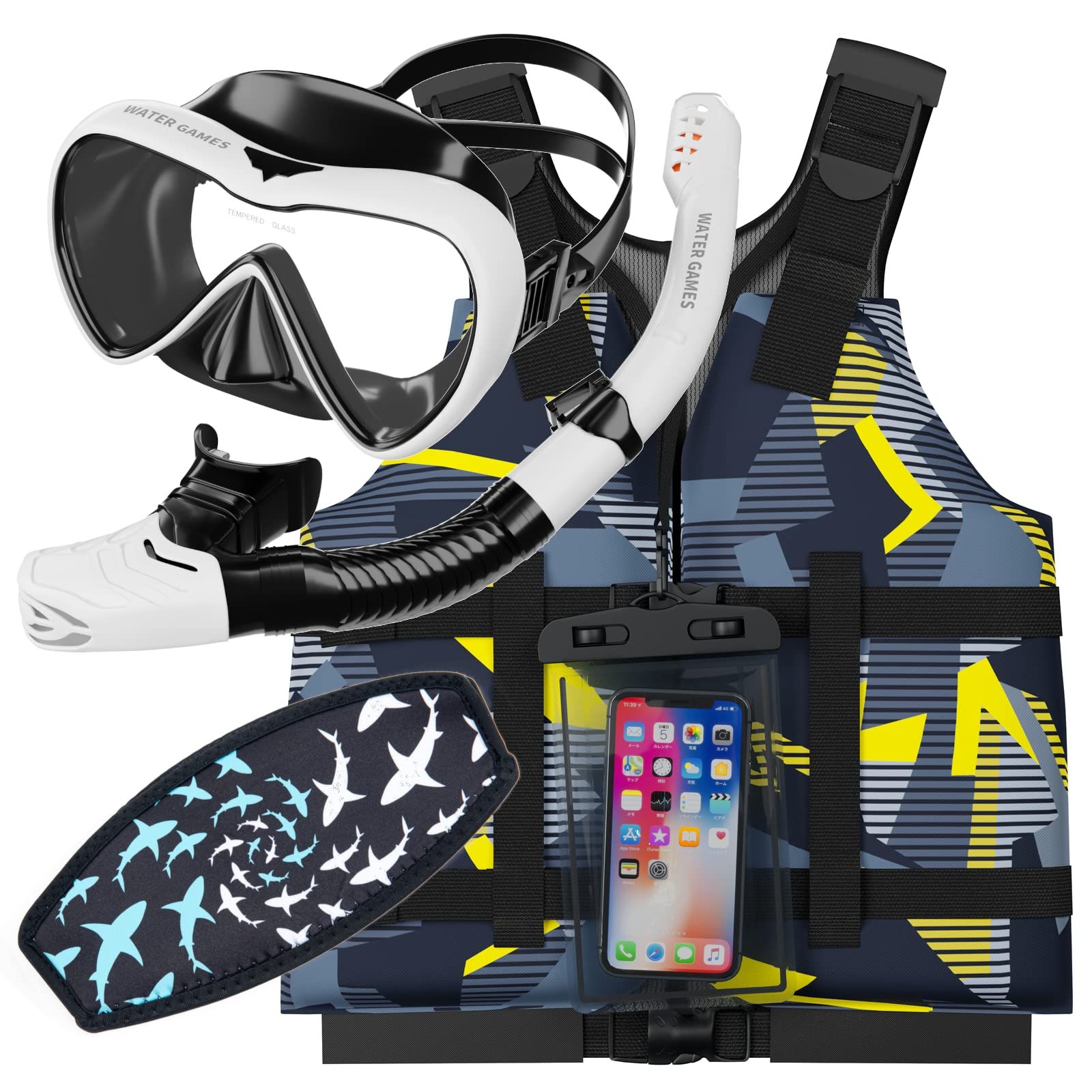 WATER GAMES シュノーケル マスク ライフベスト3点セット 防水スマホケース マスクストラップカバー付き Aセット Aセット