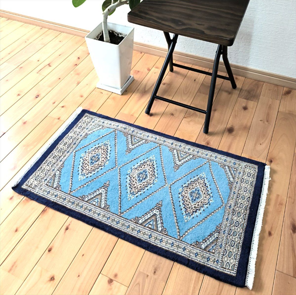 パキスタン絨毯 ハイクオリティ 79 x 45 cm 玄関マット 手織り 水色 ネイビー
