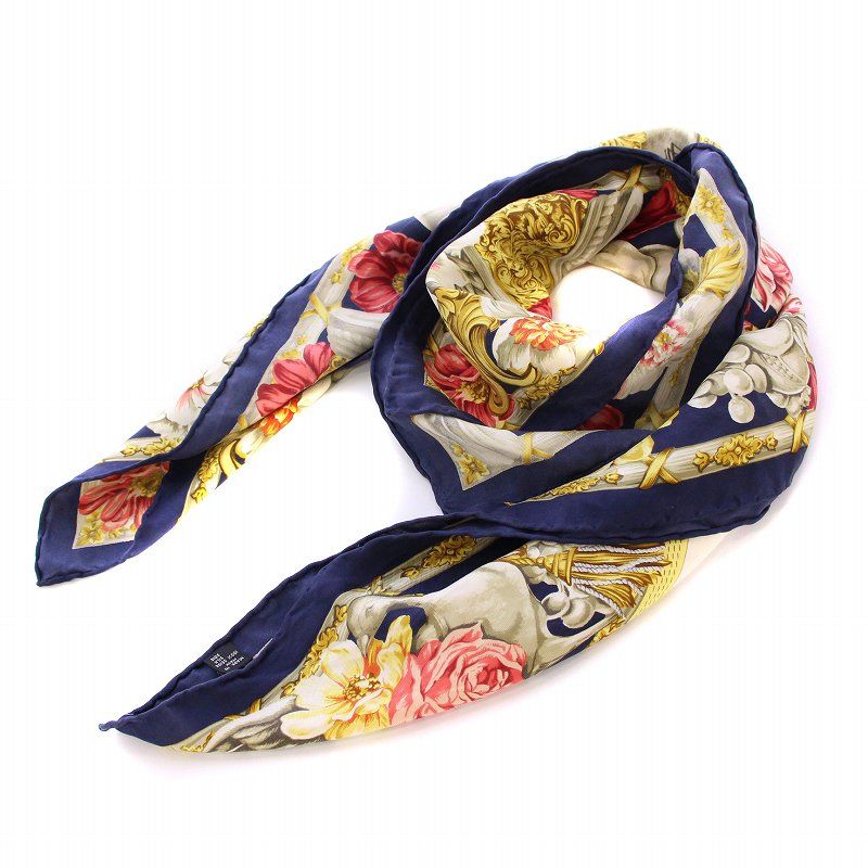 【本日特価】 ロエベ LOEWE スカーフ シルク 総柄 ロゴ 花柄 紺 ネイビー 小物
