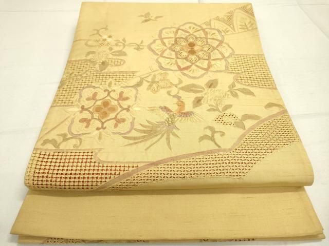 着物屋こころ□太鼓柄袋帯 中国三大刺繍 相良刺繍 花鳥文 正絹