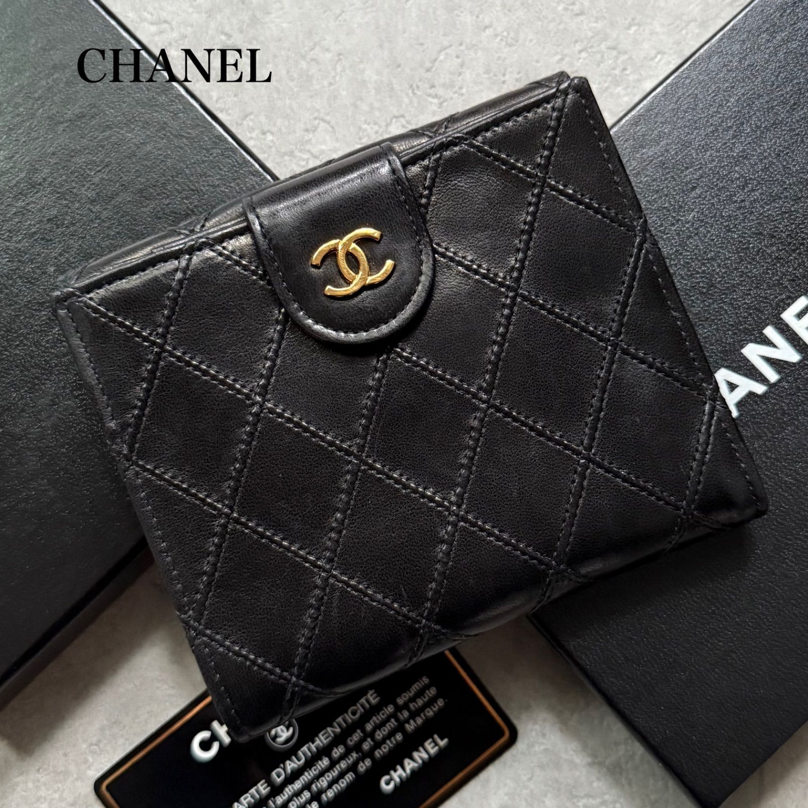 CHANEL シャネル ビコローレ Wホック ココマーク 二つ折り財布 レザー ブラック ゴールド金具 2つ折り財布 キルティング コンパクトウォレット