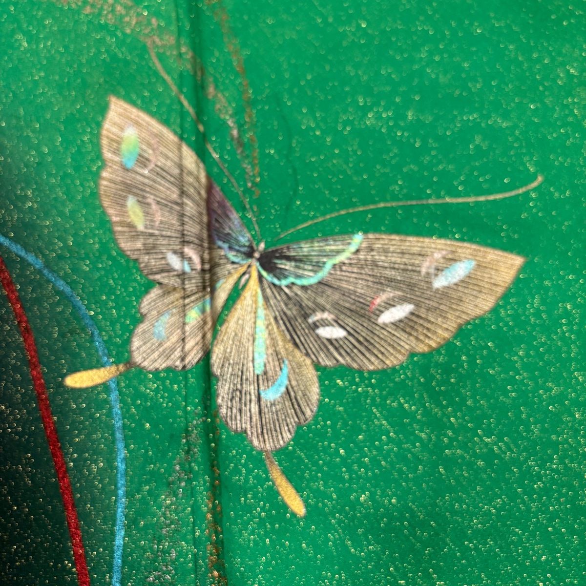 振袖 身丈166.5cm 裄丈69cm L 袷 森英恵 落款 蝶 金通し 金彩 緑 正絹