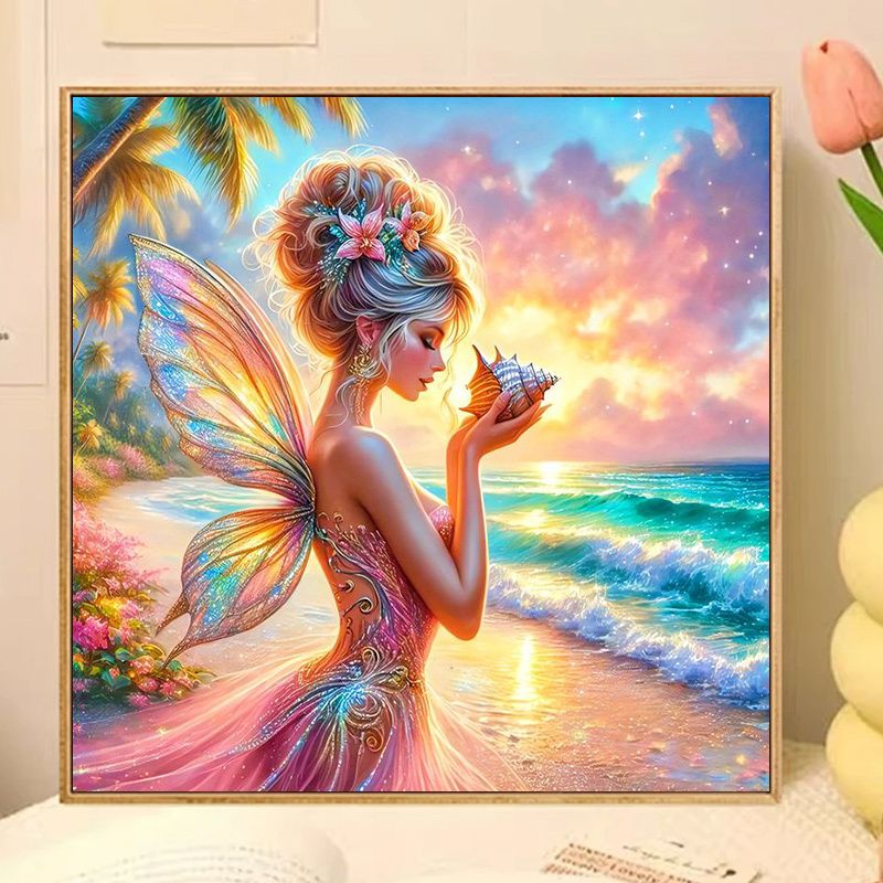 1pc Senterwan 5D DIY ダイヤモンドペインティングキット、エレガントな妖精のビーチシーン、部分的なABドリル、ホームウォールデコレーション用の大きなサイズの刺繍モザイクアート、クリスマスや誕生日プレゼントに最適