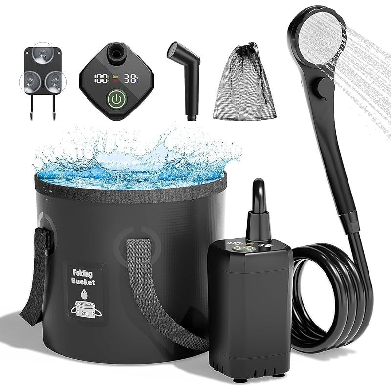 Mytrix ポータブルシャワー アウトドア 携帯シャワー 6000mAh充電式 電動シャワー ポンプ 20L折りたたみ式バケツ付 簡易シャワー デジタル画面 水流量調節可 キャンプ 海水浴 サーフィン 旅行 水