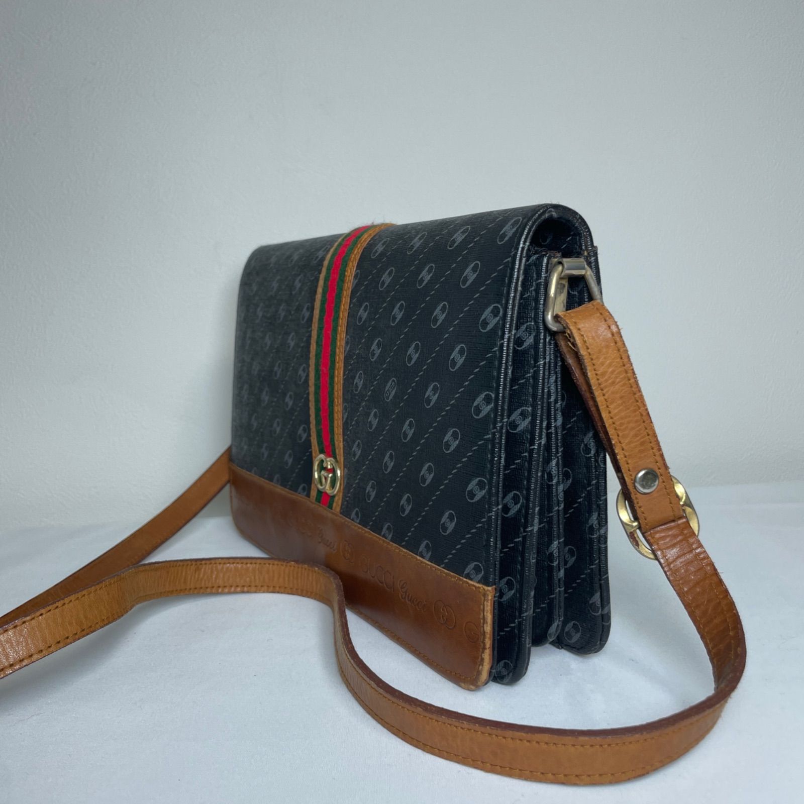 【214132】GUCCI グッチ  オールドグッチ　シェリーライン ヴィンテージ　コーティングレザー ショルダーバッグ　PVC　がま口ポケット ブラック