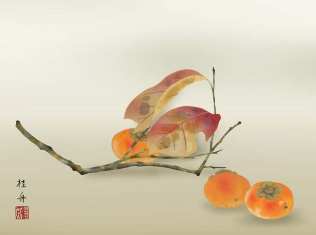 オウムと果物の油彩画 F8サイズ 種類3：f8 額絵 田村竹世 紅葉に