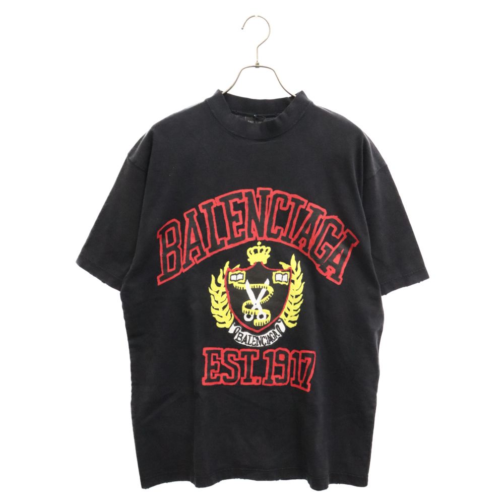 BALENCIAGA (バレンシアガ) 22SS MEDIUM FIT COLLEGE T-SHIRT ミディアムフィット ダメージ加工 プリント半袖Tシャツ カットソー ブラック 739784 T0VK1 1055