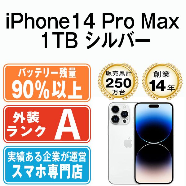 バッテリー90%以上 【中古】 iPhone14 Pro Max 1TB シルバー SIMフリー 本体 Aランク スマホ アイフォン アップル  apple 【送料無料】 ip14pmmtm1963b - メルカリ