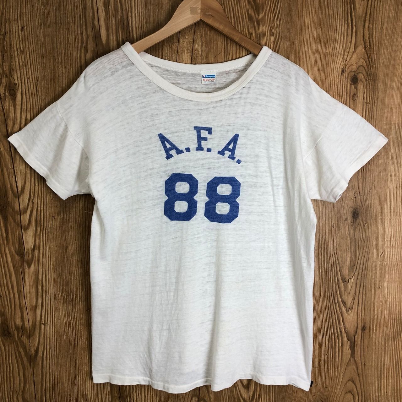 USA製 70s Champion チャンピオン バータグ 染み込みプリント 半袖Tシャツ メンズM 白 70年代 A.F.A. 88 ぞろ目 ヴィンテージ 古着 s24072064