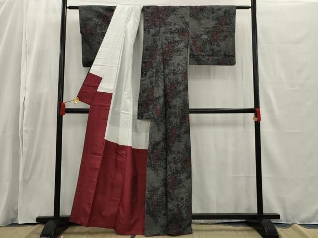 平和屋着物▽上質な紬 単衣 枝花文 正絹 逸品 AAAW7638fy