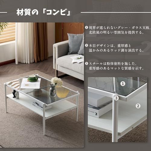 ローテーブル センターテーブル ガラステーブル 二段収納 収納付きセンターテーブル 強化ガラス おしゃれ リビング 一人暮らし MARWIL-DEMENAGEMENTS_CH