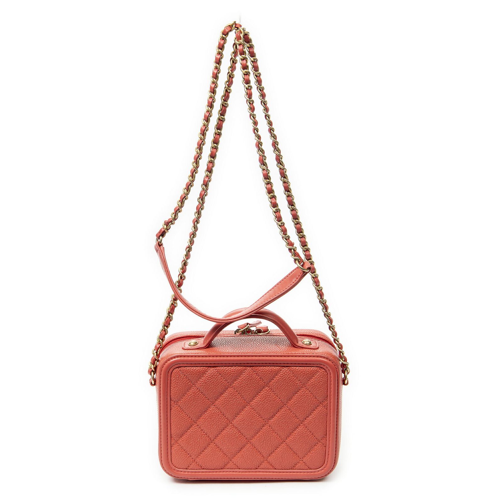 CHANEL 赤 キルティングレザーケース 箱付き CHANEL シャネル スモール CC フィリグリー バニティ ケース