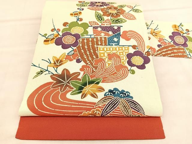 平和屋着物○全通柄九寸名古屋帯 型染め 流水花鳥文