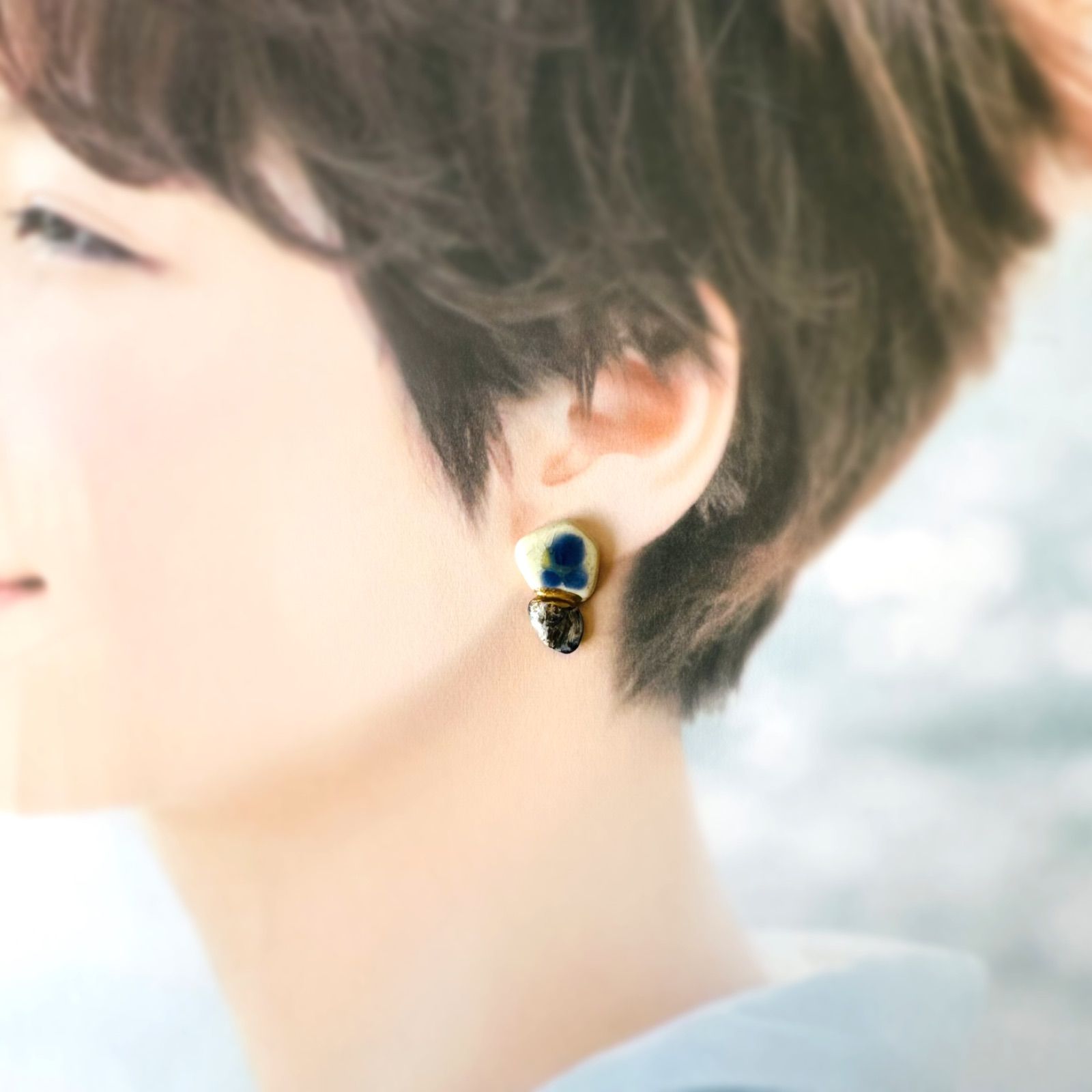 大ぶり 五角形 陶器 ピーターサイト 金継ぎ ピアス イヤリング  