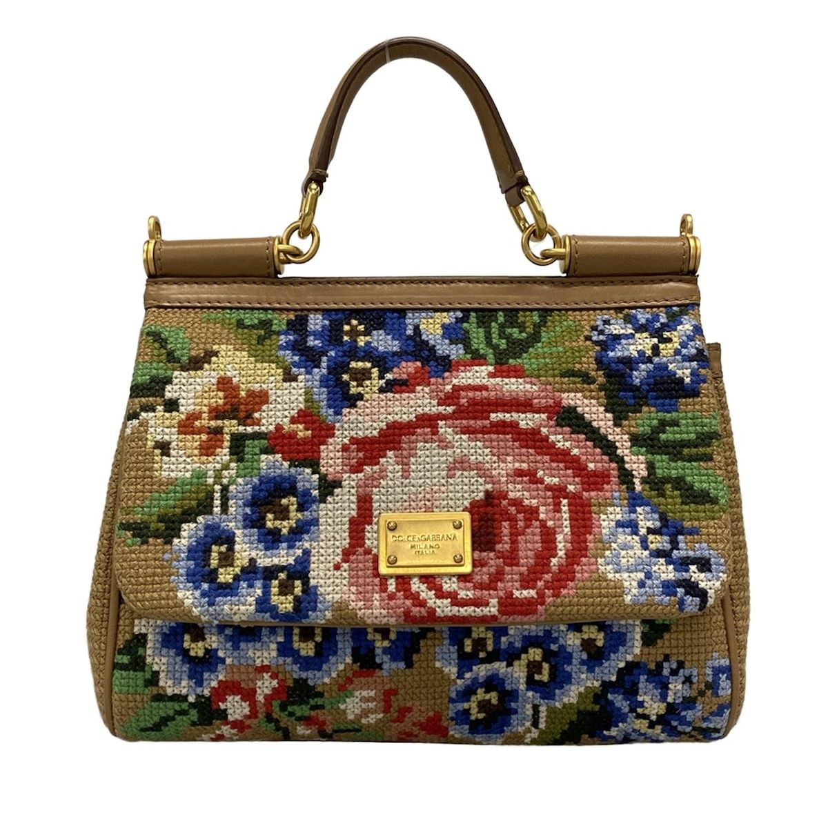 DOLCE-GABBANA ドルチェアンドガッバーナ ハンドバッグ シシリー ブラウン×ピンク×マルチ 花柄 ウール レザー